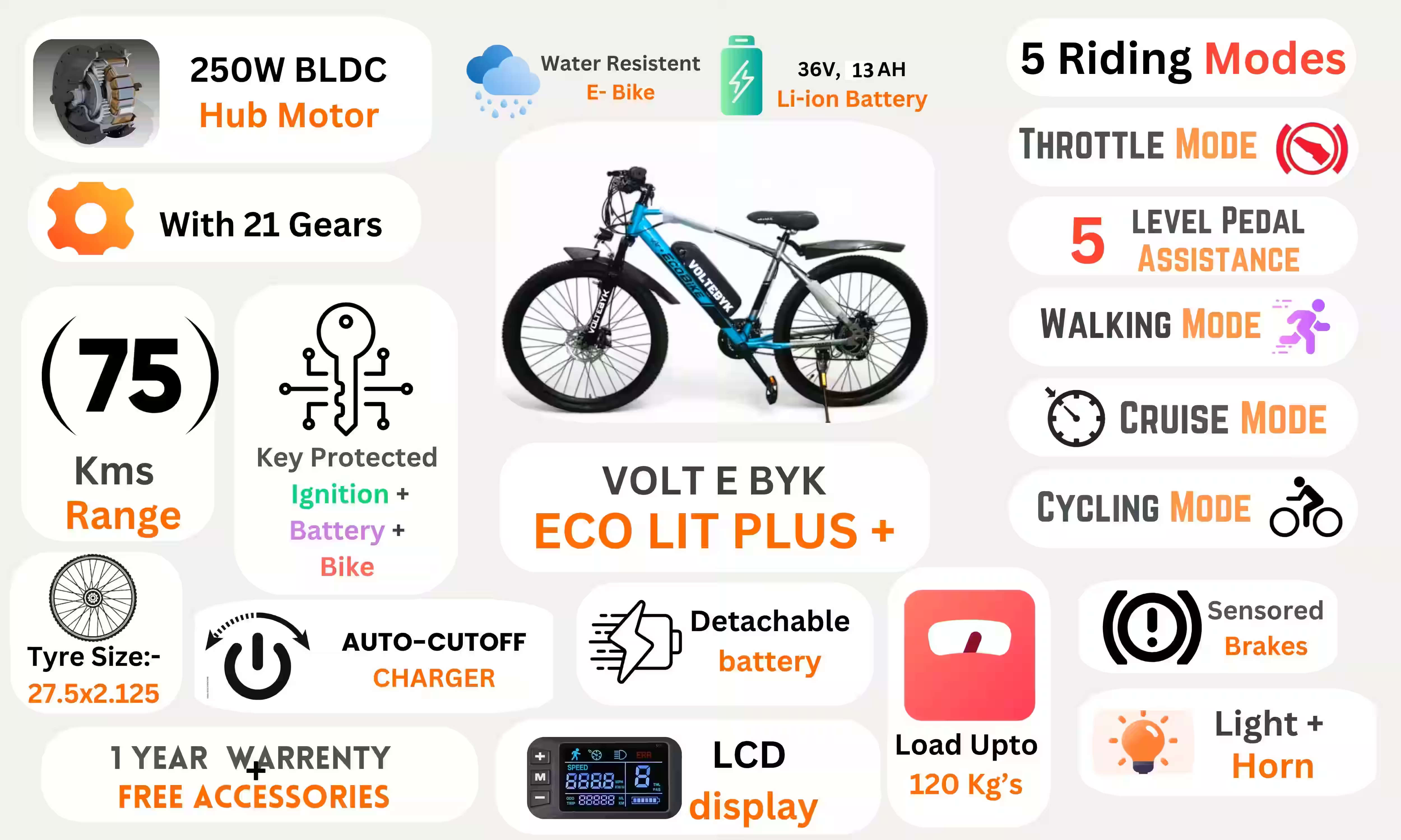 Bicycle specification detail 2 - Voltebyk Eco Lit plus (+) Electric cycle 13AH